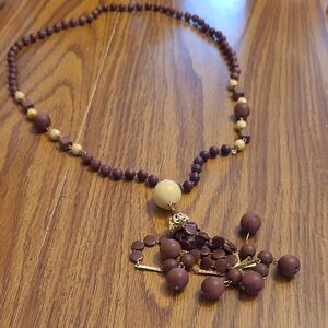 Vintage Brown and Cream Beaded Tassel Necklace with Gold Accents